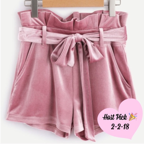 Pants - Self Belted Frilled Waist Velvet Shorts